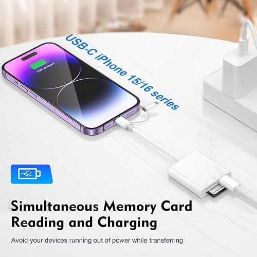 Duale Steckverbinder SD Kartenleser für iPhone iPad mit Aufladung, Lightning & USB C Micro SD/SD Kartenleser, Kamera Speicher kartenleser USB-C OTG Adapter für iPhone 16/15/14/13/12/11/8/7 Serie thumbnail 5