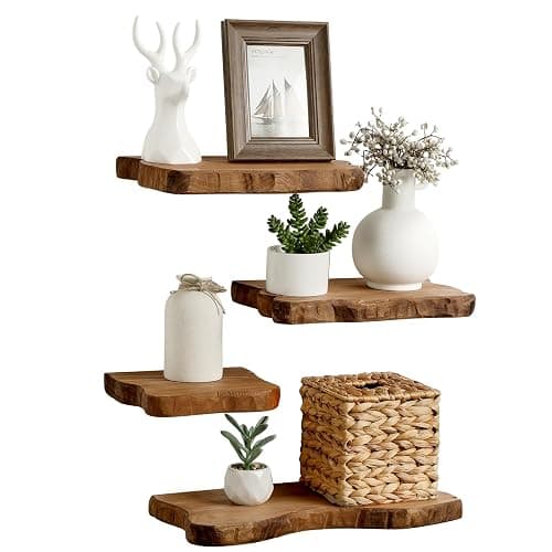 Pinkunn 4 Pcs Floating Shelves for Wall Rustic Wall-Mounted Natural Wooden Shelves Solid Wood with Live Edge Design Bathroom Bedroom Kitchen Storage Living Room Decor Nursery Shelf(4 Pcs,Small) - Image 1