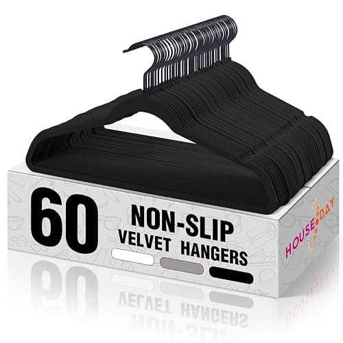 HOUSE DAY Black Velvet Hangers 60 Pack, Velvet Clothes Hangers Non Slip Felt Hangers, Heavy Duty Coat Hangers for Closet, Ultra Slim Hangers Black Hangers Space Saving Hangers for Suits, Shirt - 60 Pack - Black - Image 1
