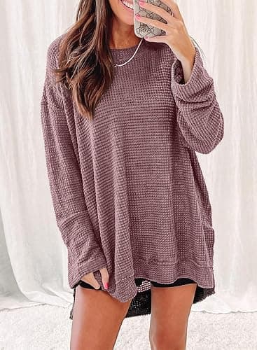 SHEWIN Long Sleeve Shirts For Women Oversized Sweatshirt Crewneck Waffle Knit Fall Tops for Women 2025 thumbnail 2