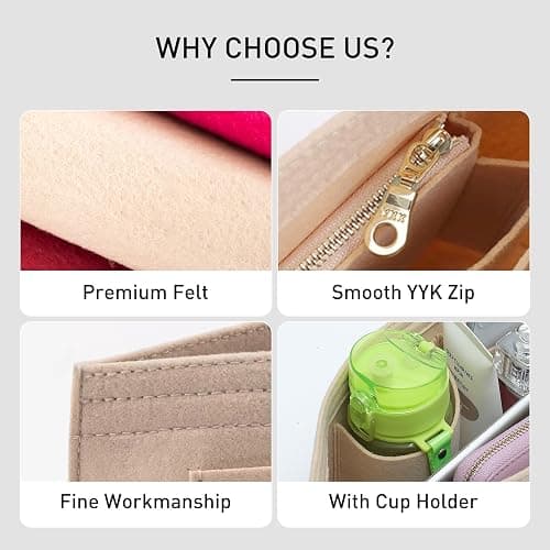 OAikor Felt Purse Organizer Insert for Longchamp Le Pliage L Tote Bag & M Handbag, Zipper Long Champ Bag Organizer Insert with Cup Holder, Women Bags Divider Shaper with 8 Compartments (Beige,L) thumbnail 7