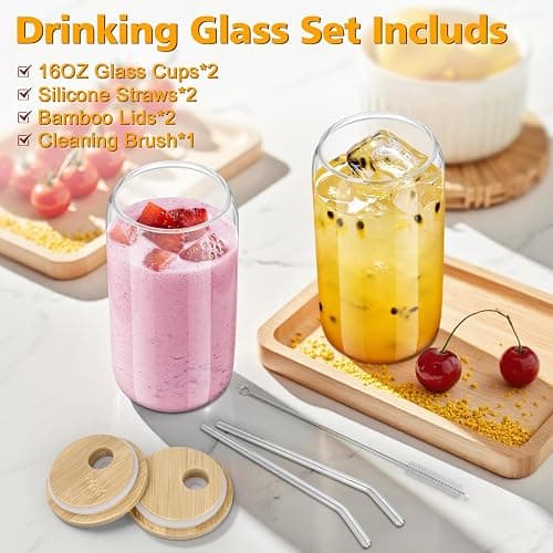 Glass Cups with Lids and Straws - 16 oz Glass Drinking Cups Set for Coffee | Glass Cups with Bamboo Lids, Iced Coffee Cup, Home Essential, Coffee Bar Accessories, Glass Tumbler, Reusable, 2 Pack thumbnail 4