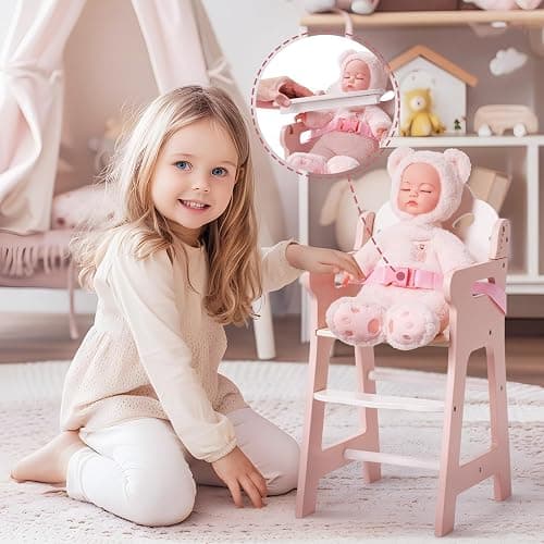 ROBOTIME High Chair for Pretend Play, Wooden Baby Doll Furniture with Safety Belt and Footrest, Fits 18 Inch Dolls, Gift for Ages 3+, White/Pink thumbnail 2