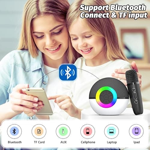 goopow Mini Karaoke Machine Speaker for Kids Adults, Portable Bluetooth Microphone Song Toys with LED Light, Best Chritmas Birthday Festival Gift for 3 4 5 6 7 8+ Year Old Girls Boys (Black-2 Mic) thumbnail 4