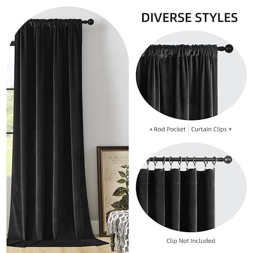 Joydeco Black Velvet Curtains 96 inch Length 2 Panels, Luxury Blackout Rod Pocket Thermal Insulated Window Curtains, Super Soft Room Darkening Drapes for Living Dining Room Bedroom,W52 x L96 inches thumbnail 3