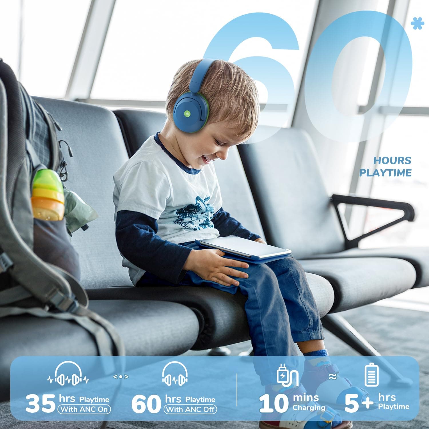 iClever BTH20 Kids Noise Cancelling Headphones, 60H Play Time,Type C Fast Charging, Safe Volume 80dBA, Bluetooth5.4, Award-Winning Kids Headphones Wireless for iPad Tablet Airplane, Blue thumbnail 4