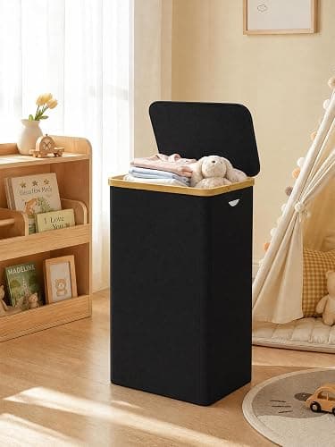 Laundry Hamper with Lid - Waterproof Freestanding Laundry Basket with Removable Liner Bag, Collapsible 110L Large Clothes Storage Laundry Bin with Easy Carry Bamboo Handle for Clothes Organizer thumbnail 9