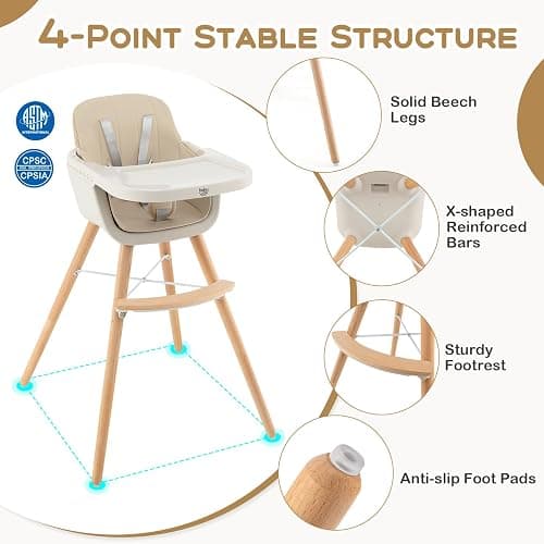 BABY JOY Convertible Baby High Chair, 3 in 1 Wooden Highchair/Booster/Chair with Removable Tray, Adjustable Legs, 5-Point Harness, PU Cushion and Footrest for Baby, Infants, Toddlers (Beige) thumbnail 7