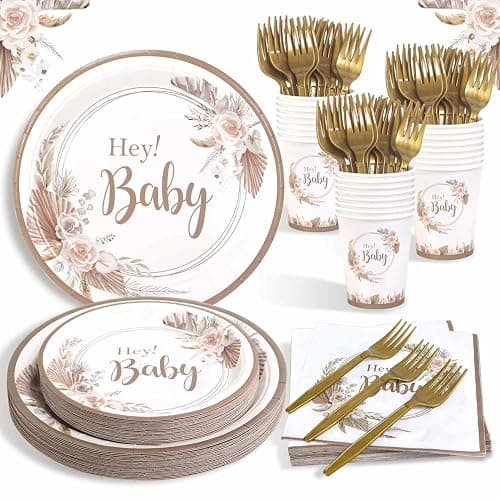 Heboland Babyparty Deko Partygeschirr Set, 125 Stück Neutral Hey Baby Party Decoration Teller Becher Servietten für Baby Shower Deko - Image 1