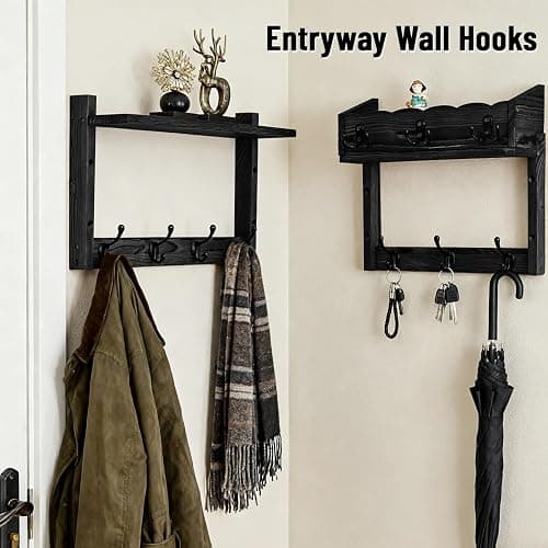 28-Inch Wood Wall Mounted Coat Rack with Shelf, 7 Hooks, 3 Key Holder | All-in-one entryway organizer featuring a top wood shelf, mail holder, 7 sturdy coat hooks, and 3 key hangers for home thumbnail 3