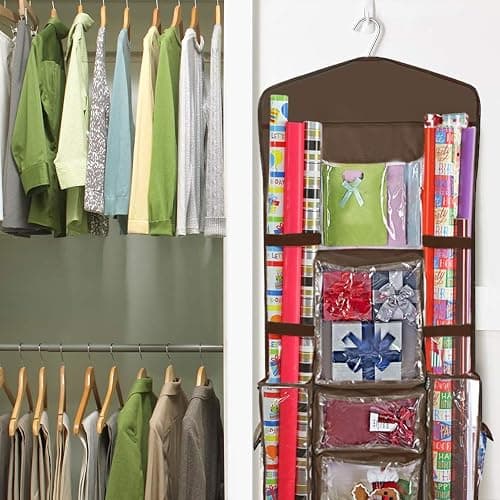 ProPik Hanging Double Sided Wrapping Paper Storage Organizer with Multiple Pockets, Organize your Gift Wrap, Gift Bags, Bows, Ribbons 40"X17" Fits 40 Inch Rolls Clear PVC Bag (Brown) thumbnail 7