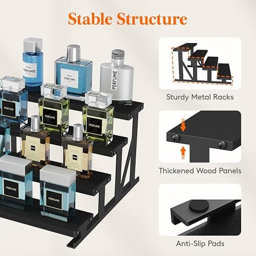 Lifewit 4 Tier Cologne Organizer for Men, 9.8inch Wooden Perfume Stand, Display Riser Shelf for Fragrance, Aftershave, Skincare Makeup for Vanity, Bedroom, Bathroom Countertop Storage, Black, 1 Pcs thumbnail 4