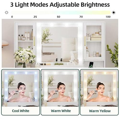 UGTOO Makeup Vanity Desk with Mirror and 10 Lights, 44.9" Makeup Table with Power Outlet, Large Vanity Desk with Storage Shelf & 5 Drawers, Dressing Table Set, 3 Lighting Modes Brightness Adjustable thumbnail 4