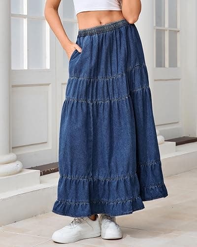 YEXPINE Women's Swing Chambray Maxi Skirt Elastic Waist Pleated Tiered Flowy Long Skirts Retro Denim Skirt thumbnail 7