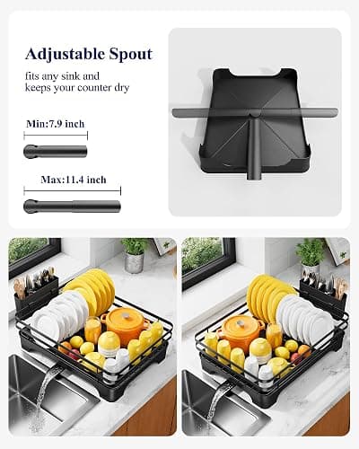 Kitsure Dish Drying Rack - Multi-Functional Dish Rack for Kitchen Counter with Cutlery Holder, Rust-Proof Storage Solution with Rotatable, 15.7" x 12.0" x 5.5", Black thumbnail 4