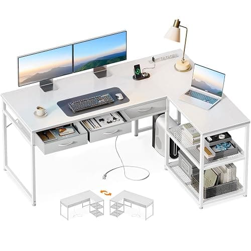 AODK 53 Inch L Shaped Computer Desk with Drawers, Corner Desk with Power Outlets & Reversible Storage Shelves, for Home Office Gaming, White - Image 1