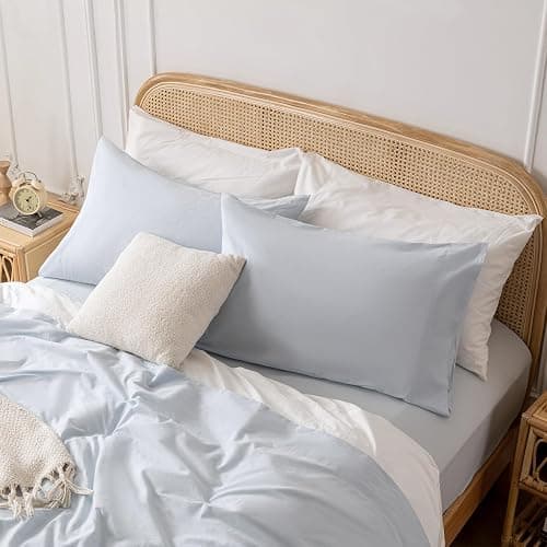Yibeizi Light Blue 100% Washed Cotton Linen Feel Sheet Set Full Size, 4 Pieces Deep Pocket Bed Sheets Soft Breathable Hotel Bedsheets thumbnail 7