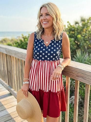 AIMITAG American Flag Star Vertical Striped Ruffled Mini Dress Womens 4th of July Patriotic Dresses Casual Color Block Dress thumbnail 5