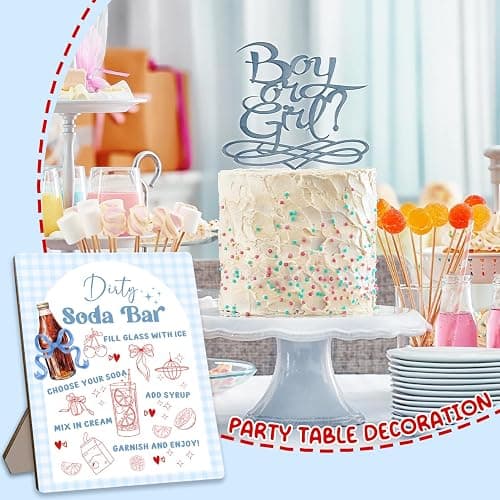 She's Ready to Pop Dirty Soda Bar Sign with Menu, Wooden Tabletop Welcome and Recipe Board for Gender Reveal Party, Beverage Setup Sign 8x10 Inch, Blue Baby Shower Decor (Blue Bow) thumbnail 4