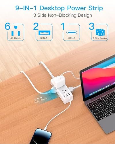 10Ft Extension Cord with Multiple Outlets, Flat Plug Power Strip Surge Protector with 10 Ft Long Cord, 6 Outlet 3 USB Ports (1 USB C), Multi Outlet Wall Plug for Travel, College, Dorm Room Essentials - White - 10FT thumbnail 3