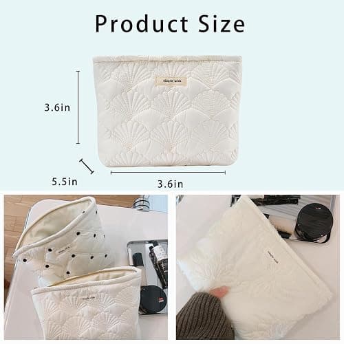 uekeboag White Quilted Cotton Makeup Pouch,Coquette Quilted Toiletry Bag for Women and Girls, Floral Coquette Organizer Bag, Aesthetic Travel Cosmetic Bags(03White Shells) thumbnail 3
