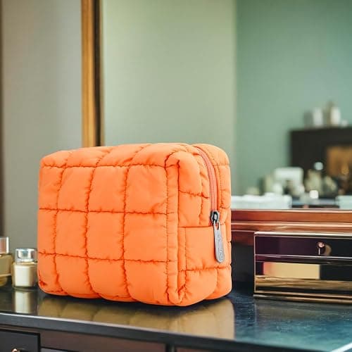 E-Tree Cute Makeup Bag,Quilted Cosmetic Bag,Make up Pouch for Purse,Toiletry Zipper Pouch,Checkered Bag,Travel Case,Storage Pouches for Organization Orange thumbnail 2