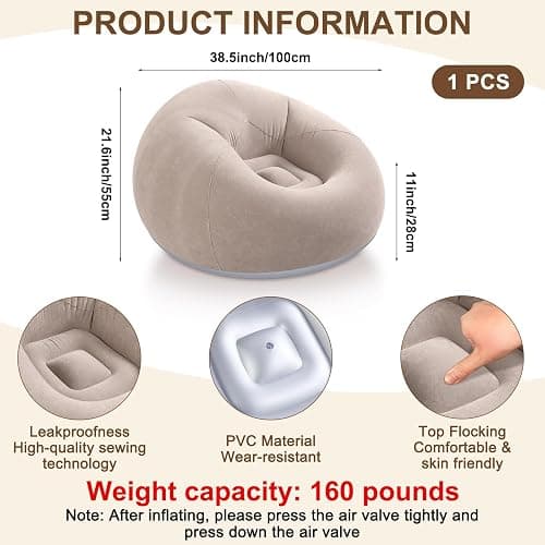 Realspring Inflatable Bean Bag Chairs for Adult Blow up Chairs Lazy Sofa Folding Portable Inflatable Chair for Movie Outdoor Room Bedroom Reading Camping(Coffee) thumbnail 2