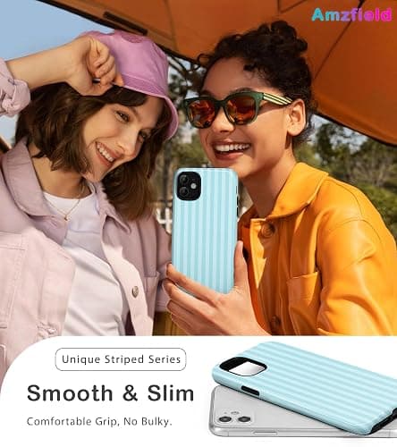 Amzfield for iPhone 12/12 Pro Cute Striped Phone Case, Teal | Stripes Phone Case, Summer Aesthetic Design for Women Girls Fall Chic Girly Pretty Dual Layer Hybrid Protection Elegant thumbnail 6