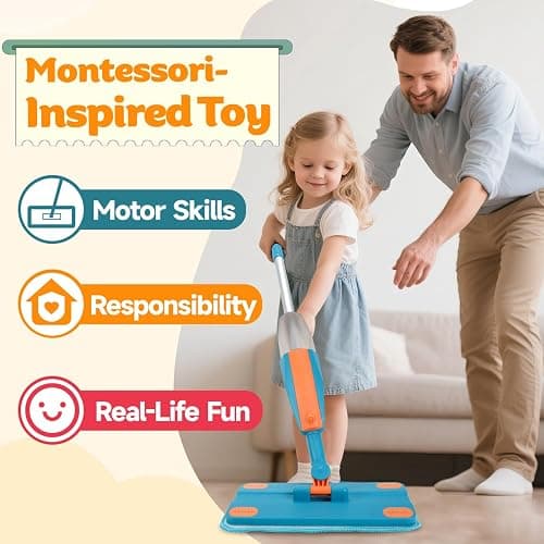 BAYMI Kids Spray Mop - Real Working Toddler Cleaning Toy Set with Water Sprayer & 2 Washable Pads - Montessori Mini Mop & Sweeper - Interactive Learning Toys for Kids Ages 3+ thumbnail 3