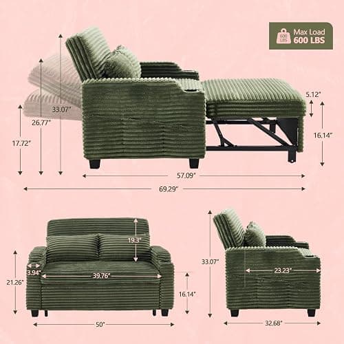 VINGLI Green Futon Sofa Bed Convertible Loveseat Sleeper Sofa Couch, Corduroy Pullout Sofa Fold Out Couch Bed with USB Ports, Cup Holders, Armrest for Living Room, Bedroom Apartment Room thumbnail 2