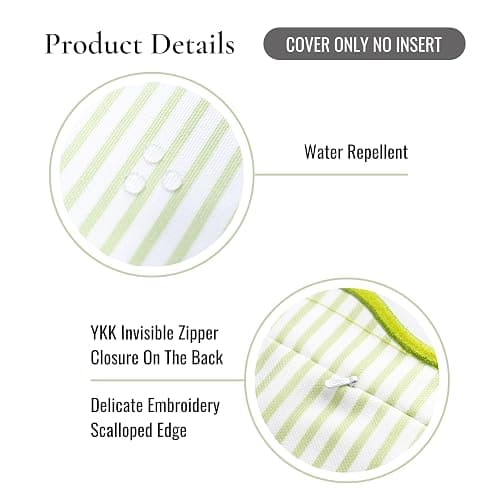 Hofdeco Premium Coastal Patio Indoor Outdoor Scalloped Throw Pillow Cover Only, 20"x20" Water Repellent for Backyard, Couch, Green Print Stripes thumbnail 5