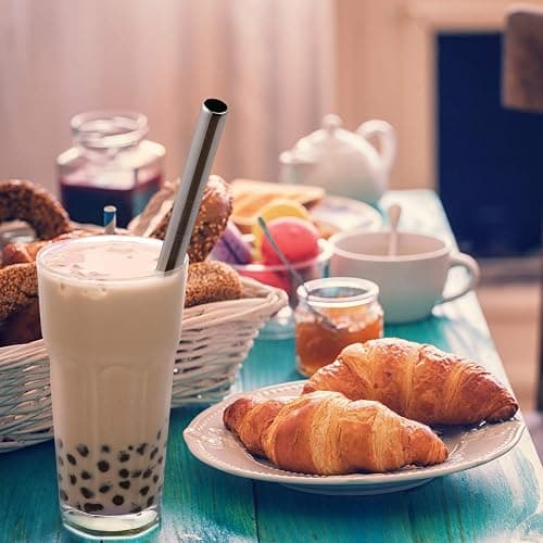 [Angled Tips] 2 Pcs Jumbo Reusable Bubble Tea Straws & Smoothie Straws, 0.5" Wide Stainless Steel Straw, Metal Straw for Boba, Tapioca Pearl, Milkshakes,Smoothies | 1 Cleaning Brush & 1 Case thumbnail 5
