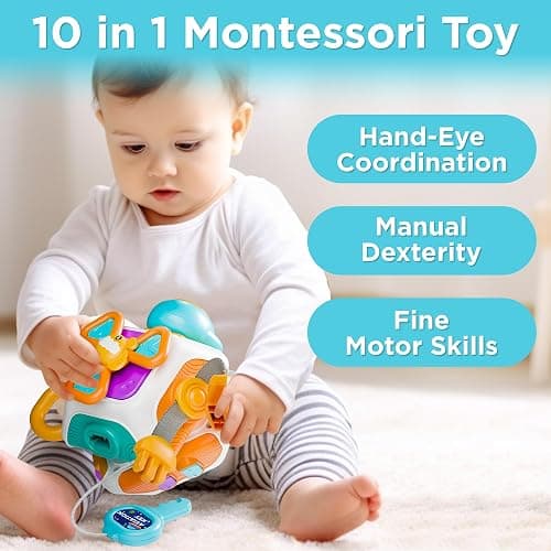 iPlay, iLearn 10 in 1 Baby Busy Board Cube, Montessori Sensory Toy Toddler 1-3, Infant Carseat Plane Travel, Kid Education Learning Activity, Birthday Gift 6 9 10 12 18 Month 1 2 Year Old Boy Girl thumbnail 3