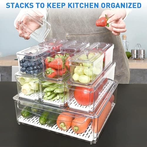 Pomeat 10 Pack Fridge Organizer, Stackable Refrigerator Bins with Lids, BPA-Free Produce Fruit Storage Containers for Fridge, Clear for Food, Drinks, Vegetable thumbnail 3
