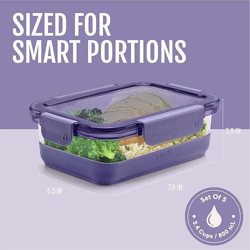 Ello Duraglass Refresh 3.4 Cup Meal Prep Sets 10Pc, 5 Pack Set- Glass Food Storage Container with Silicone Boot and Airtight BPA-Free Plastic Lids, Dishwasher, Microwave and Freezer Safe,Everest thumbnail 2