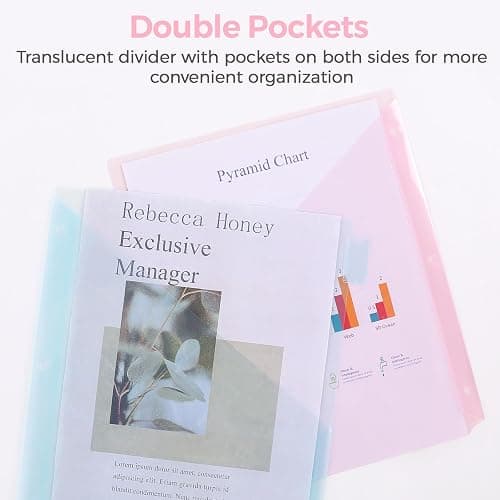 SKYDUE Pastel Binder Dividers with Tabs and Pockets - Soft Plastic Dividers for 3 Ring Binder, Includes 16 Blank Index Labels, for School & Office Organization, Pink thumbnail 4