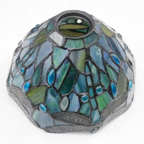 WERFACTORY Tiffany Lamp Sea Blue Stained Glass Dragonfly Style Desk Reading Light, Metal Leaf Table Lamp Base 8X10X21 Inches Decor Small Space Bedside Bedroom Home Office S147 Series thumbnail 6