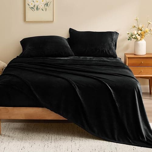 BEDELITE Flannel Sheets King Size Black - Super Soft Fleece Sheets Set Fluffy Extra Plush, 4 Piece(Include Fitted Sheet, Flat Sheet, 2 Pillowcases) thumbnail 2