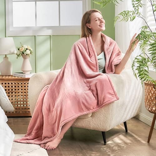 PTQ Electric Heated Blanket,Flannel & Sherpa Heated Throw Blanket 50"x60",Fast Heating Soft Fleece Blanket with 6 Heating Levels & 4H Auto Off-Pink thumbnail 9