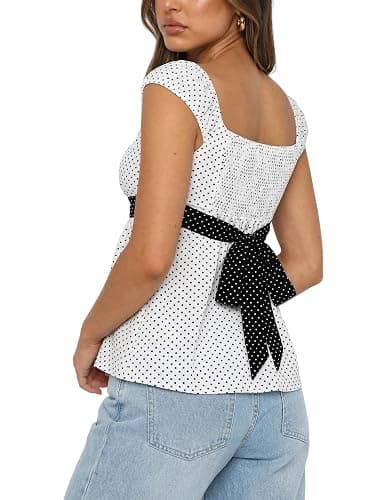 Women's Babydoll Tops Y2k Fairy Baby Doll Tops, Cap Sleeve Polka Dot Top with Adjustable Waist Tie, Flowy Going Out Tops thumbnail 5