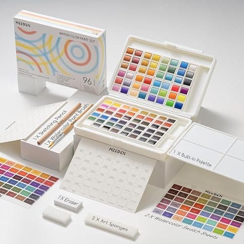 MEEDEN Watercolor Paint Set 96 Colors in Portable Box, Paint Kit with Brush, Palette, Art Supplies, Customizable Color Blocks, Bright Watercolors Travel Set for Adult Teens Beginner Amateur Artists thumbnail 2