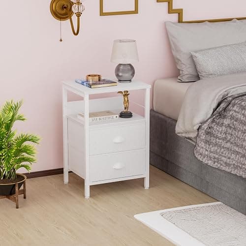 Furologee Nightstand with 2 Fabric Drawers, White Bedside Table with 2-Tier Shelf, Side Table with Hooks and Wood Top for Bedroom/Living Room/Hallway/White - White - 1pc thumbnail 2