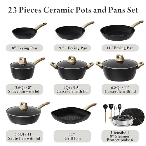 Bazova 23 Pcs Pots and Pans Set, Non Stick Ceramic Cookware Set with 3 Frying Pans, Healthy Non-Toxic, Large Capacity,Induction Compatible, PFAS/PTFE/PFOA Free, Black thumbnail 3