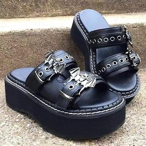 Gothniero women black platform sandals goth chunky wedge heel summer sandals girls gothic punk platform sandals for women metallic spider buckles slides size 5.5-11 thumbnail 7