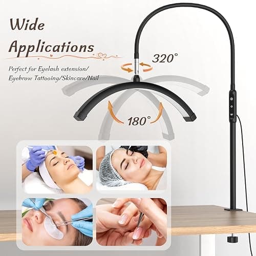 Mznoo Half Moon Light with Clamp, LED Manicure Table Lamp, Desk Lamp for Nail Desk, Eyelash Extensions, Skincare and Tattoo, 5 Brightness Levels and 5 Color Modes, Remote Control (Black) thumbnail 4