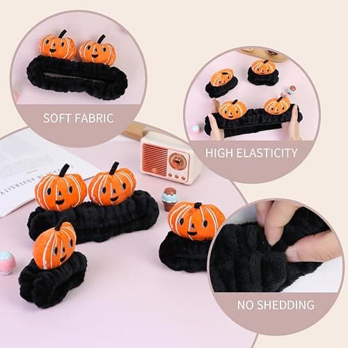 FlyingMage Kawaii Spa Headband and Wristband Set for Women Girls, Cute Halloween Skincare Headbands for Face Washing, Fluffy Makeup Headband for Washing Face, Bath, Shower and Beauty, Black Pumpkin thumbnail 4