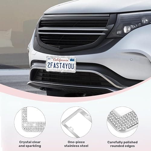 QUANQIUFEI 2 Pack Bling License Plate Frames, Sparkly Rhinestone Diamond Car License Plate Cover for Women, Stainless Steel Car Accessories with Glitter Crystal Caps (White) thumbnail 4