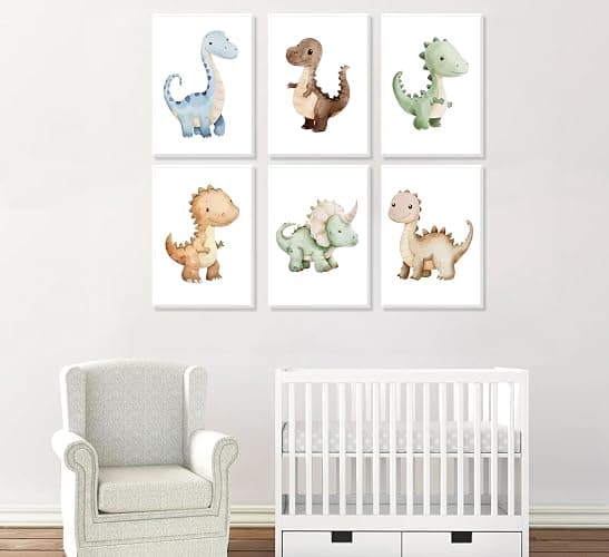 6Pcs Dinosaur Nursery Wall Art Kids Room Canvas Poster Toddler Baby Watercolor Dino Wall Decor Dinosaur Painting Prints Cute Dino Pictures for Nursery Bedroom Boy Playroom Framed thumbnail 4