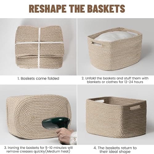 5 Pack Woven Storage Baskets for Shelves, Decorative Basket Organizer Storage Bins for Toys, Books, Clothes, Closet, Nursery, Bathroom – Cotton Rope Shelf Baskets for Organizing and Decor, Khaki thumbnail 6