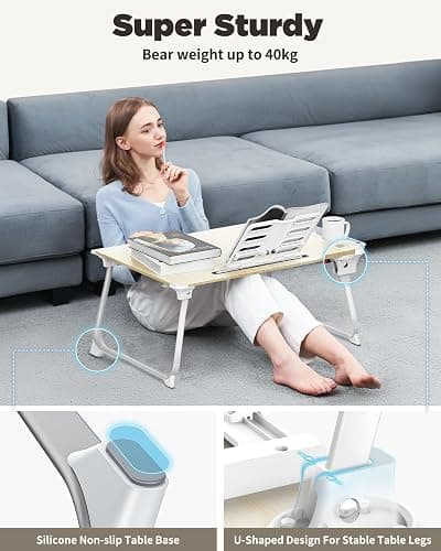 SAIJI Folding Bed Desk for Laptop, Eating Breakfast, Writing, Gaming, Extra Large 25.6" x 19.3" Portable Floor Stand Laptop Desk Table for Adult,Kids, Wood Bed Tray Table Lap Desk thumbnail 5
